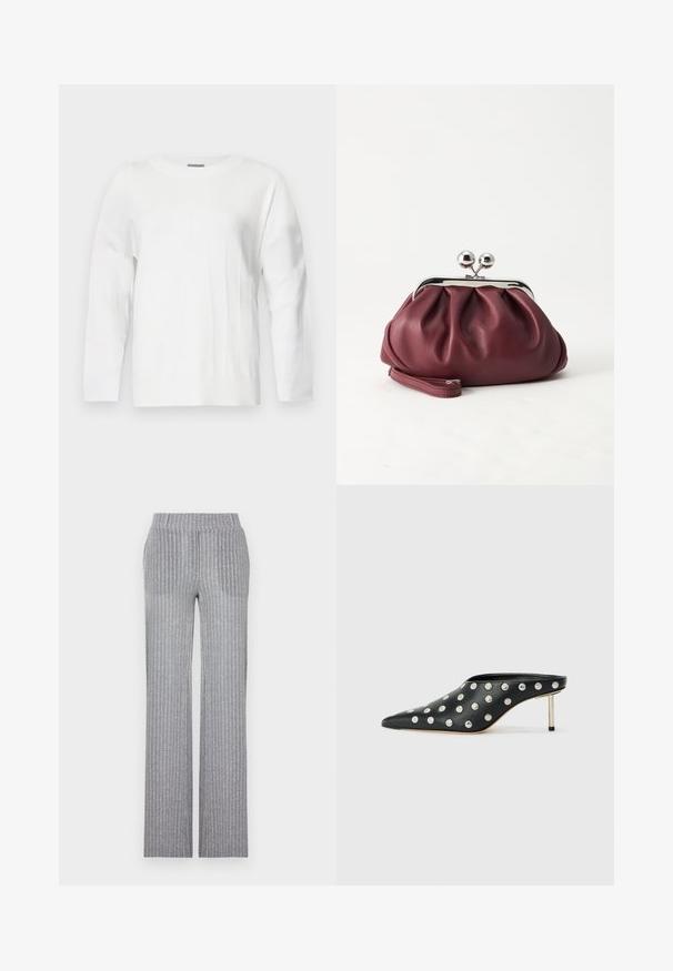 Suéter blanco de punto con escote redondo, manga larga y acentos de canalé. Presenta un sutil patrón texturizado en toda la tela.; Pantalones de punto gris con textura acanalada, cintura ajustada y pierna acampanada. Presentan un brillo sutil y rayas verticales para dar textura.; STAND STUDIO KELSEY - Mules de tacón - black; Pequeño bolso de mano de cuero burdeos con cierre metálico plateado y correa de muñeca sobre un fondo blanco.