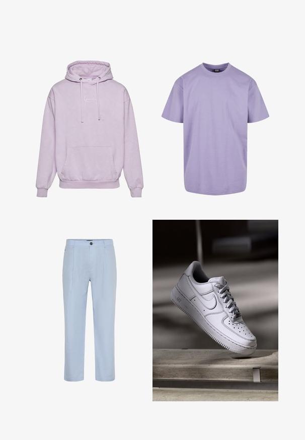 Hoodie violet clair avec une capuche à cordon, une poche avant et un accent logo blanc sur la poitrine. Fabriqué à partir d'un matériau doux et texturé.; T-shirt en coton violet clair avec un col rond, des manches courtes et une coupe décontractée. Ne présente aucun motif ou accent visible.; Pantalons en lin bleu clair avec une coupe droite, des plis avant et une fermeture à un bouton. Texture lisse et sans motifs visibles.; La basket Nike Air Force 1 en cuir blanc présente un embout perforé, des lacets plats et une semelle en caoutchouc texturée avec le logo « AIR » sur le côté.