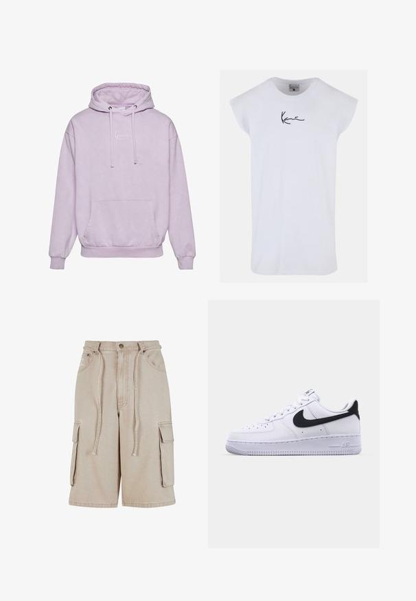 Hele lilla kapuutsiga hoodie, millel on tõmblukuga kapuuts, esitasku ja valge logo aktsent rinna peal. Valmistatud pehmest, tekstureeritud materjalist.; Karl Kani SMALL SIGNATURE TEE - Topp - white; Kreemjas värvi puuvillased cargo lühikesed püksid, millel on reguleeritav vöökohus, kaks küljetaskut ja üks küljetasku, nähtavate õmblusdetailidega.; Valge nahast toss musta tekstuuriga Swooshiga, lamedate nööridega ja kummist tallaga, millel on sooneline muster. "AIR" on reljeefne kandadel.