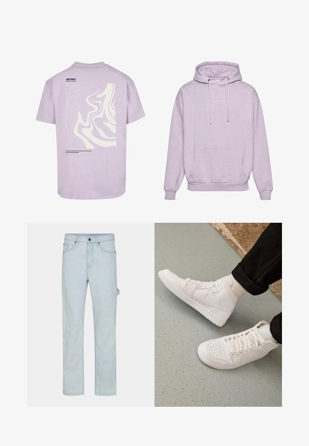 Lyslilla hoodie med snoretræk i hætten, forlommer og en hvid logoaccent på brystet. Lavet af blødt, struktureret materiale.; Lilla bomulds t-shirt med korte ærmer. Har et stort hvidt abstrakt design på ryggen og "LOST YOUTH" trykt nær halsudskæringen.; Lysblå denimjeans, lige skåret, med knaplukning, fem lommer og sideløkker for ekstra funktionalitet.; Hvide høj-top sneakers lavet af glat læder med perforeret tå, snørelukning og subtil logo detaljer på siden. Tekstureret gummisål.