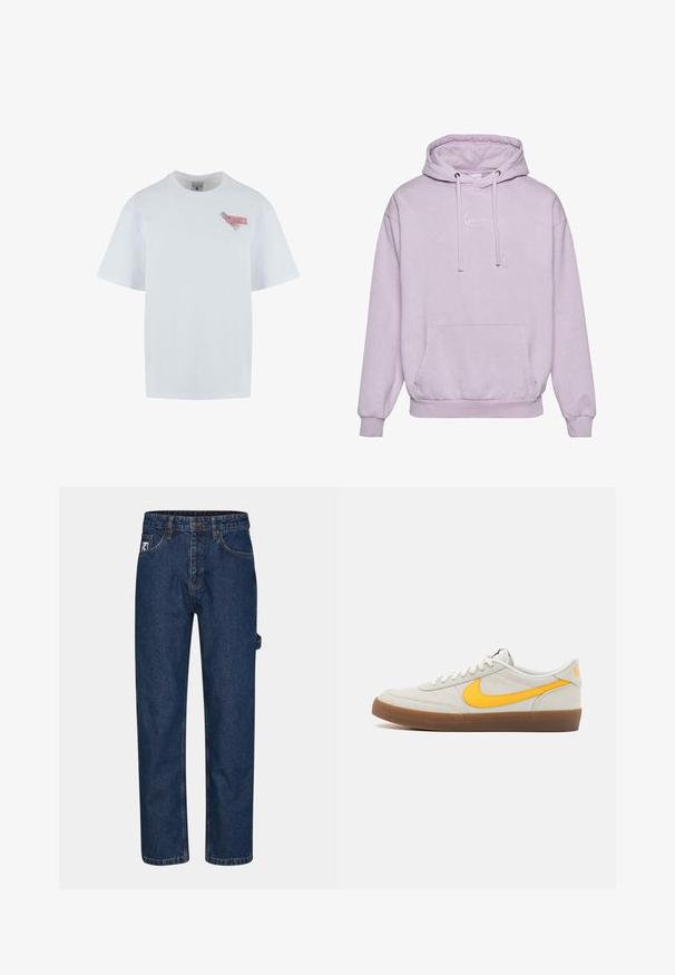 Lyslilla hoodie med snoretræk i hætten, forlommer og en hvid logoaccent på brystet. Lavet af blødt, struktureret materiale.; Hvid bomulds t-shirt med rund halsudskæring, korte ærmer og en farverig grafisk applikation på venstre bryst med tekst og mønstre.; Mørkeblå denim jeans med lige ben, fem lommer og et synligt mærke på forsiden til venstre.; Nike sneakers i lysegrå ruskind med en gul swoosh, hvide snørebånd og en brun gummisål. Har en struktureret finish og polstret krave.
