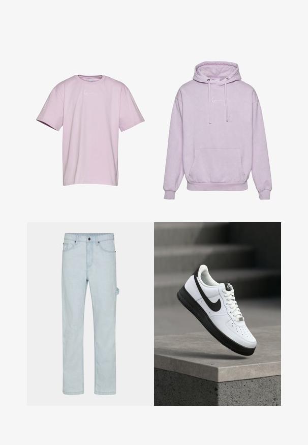 Lyslilla hoodie med snoretræk i hætten, forlommer og en hvid logoaccent på brystet. Lavet af blødt, struktureret materiale.; Lavendel kortærmet t-shirt lavet af bomuld, med et hvidt logo på brystet, afslappet pasform og rund halsudskæring.; Lysblå denimjeans, lige skåret, med knaplukning, fem lommer og sideløkker for ekstra funktionalitet.; Hvid lædersneaker med sorte detaljer, rundet tå og perforerede detaljer. Sort gummisål med tekstureret mønster og snørelukning.