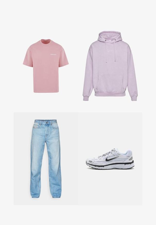 Hoodie violet clair avec une capuche à cordon, une poche avant et un accent logo blanc sur la poitrine. Fabriqué à partir d'un matériau doux et texturé.; Another Cotton Lab OFFLINE SCRIBBLE - T-shirt imprimé - rose; Jean bleu clair en denim, avec une coupe droite, un design à cinq poches et une fermeture à boutons visible avec des coutures contrastantes.; Baskets de course blanches avec une tige en mesh, bout arrondi, accents noirs et semelle à motif. Comprend des lacets et une marque sur le côté.