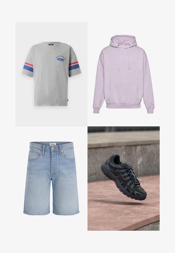 Licht paarse hoodie met een trekkoordkap, voorvak en een witte logo-accent op de borst. Gemaakt van zacht, gestructureerd materiaal.; Grijze katoenen T-shirt met korte mouwen, met blauwe en rode strepen op de mouwen en het "Ford Motor Co" logo in het blauw op de borst.; Lichtblauwe denim short met vijf zakken, riemlussen, ritssluiting en knoopsluiting, weergegeven tegen een effen witte achtergrond.; Donkergrijze Nike hardloopschoen met mesh en synthetisch ontwerp, zwevend boven een roze betonoppervlak met een grijze stenen achtergrond.