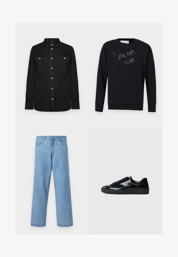 Sweat-shirt noir à col rond avec manches longues, présentant le texte en relief "ICEBERG" et une superposition de style graffiti "JOHN SMITH CLUB" sur la poitrine.; Chemise noire à manches longues avec col pointu et deux poches poitrine à l'avant, chacune fermée par un bouton blanc.; Jean en denim bleu clair à jambes droites avec poches devant, passants de ceinture et fermeture par bouton, sur fond uni.; Baskets en cuir verni noir avec un bout arrondi, un laçage, une semelle en caoutchouc texturé et une finition lisse.