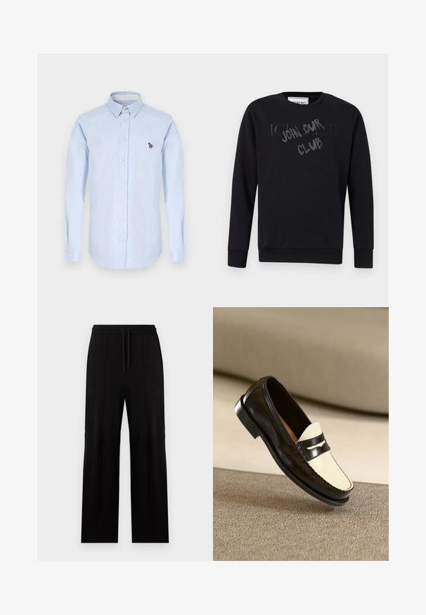 Sort crewneck-sweatshirt med lange ærmer, der har præget "ICEBERG" tekst og graffiti-inspireret "JOHN SMITH CLUB" overlay på brystet.; Lysblå skjorte med lange ærmer, krave, frontknapper og en lille broderet zebra detalje på brystet.; Sorte bukser med lige ben, elastisk talje og snøre, med lodrette sømdetaljer på forsiden.; Sort læderloafer med en cremefarvet vamp og sorte accentstriber, som har en lav hæl og detaljeret syning langs kanterne.