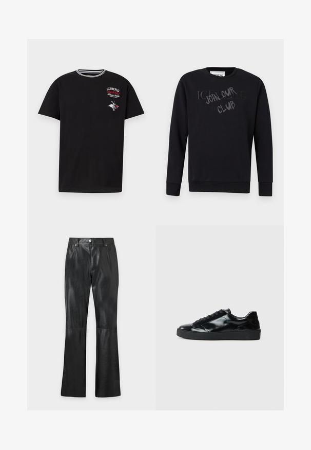 Sort crewneck-sweatshirt med lange ærmer, der har præget "ICEBERG" tekst og graffiti-inspireret "JOHN SMITH CLUB" overlay på brystet.; Sort kortærmet t-shirt med stribet krave, hvid og rød tekst "Iceberg Milano Italia" samt grafik af en tegneserie-mår, der holder et rødt æble.; Sorte bukser i kunstlæder med forlommer, frontlynlås, knaplukning, bæltestropper og udvidede ben.; Sorte laklæder sneakers med rund tå, snørredesign, tekstureret gummisål og en glat overflade.