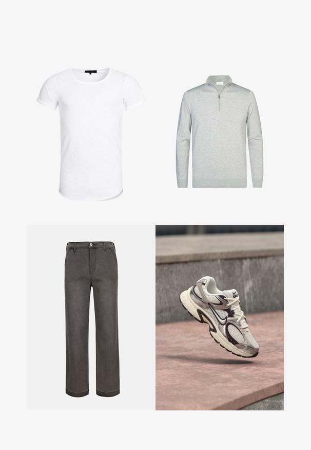 Pull léger gris clair avec un col zippé, fabriqué dans un tissu doux. Présente des manches longues et des poignets et un ourlet côtelés. Design minimaliste.; T-shirt blanc à manches courtes avec un col rond, fabriqué dans un tissu léger avec une texture subtile et un ourlet incurvé.; Pantalon gris foncé à jambe droite avec fermeture par bouton et fermeture éclair, passants pour ceinture, poches avant et ourlet cousu sur un fond clair.; Chaussure de course Nike blanche et beige avec un logo Swoosh noir flottant au-dessus d’une surface en béton rose en extérieur.
