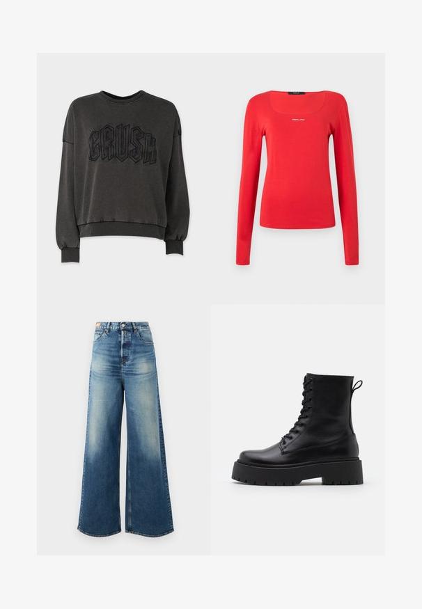 Dunkelgrauer Sweatshirt mit einem gekürzten Design, das ein erhabenes schwarzes "CRUSH"-Grafikmotiv auf der Vorderseite, Rippbündchen und einen gerippten Kragen aufweist.; Replay SQUARED NECK - Langarmshirt - red; Weite, blaue Denim-Jeans mit einem ausgewaschenen Finish, hoher Taille und klassischem Fünf-Taschen-Design. Enthält Kupferbeschläge und ausgefranste Säume.; Schwarze Lederstiefeletten mit runder Zehenpartie, Schnürung vorne und einer dicken Gummisohle mit strukturiertem Profil. Mit Zugschlaufe an der Rückseite.