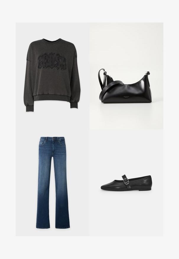 Dunkelgrauer Sweatshirt mit einem gekürzten Design, das ein erhabenes schwarzes "CRUSH"-Grafikmotiv auf der Vorderseite, Rippbündchen und einen gerippten Kragen aufweist.; Blaue High-Waist-Jeans mit geradem Bein, Knopf- und Reißverschluss, Vorder- und Gesäßtaschen, auf schlichtem, hellem Hintergrund dargestellt.; Schwarzer Lederflatschuh mit runder Zehenform, einem verstellbaren Schnallenriemen und einer glatten, glänzenden Oberfläche. Minimalistisches Design mit einem niedrigen Absatz.; Schwarze lederne Handtasche mit glatter Textur. Verfügt über einen verstellbaren Riemen und ein elegantes, minimalistisches Design mit einem Reißverschluss.