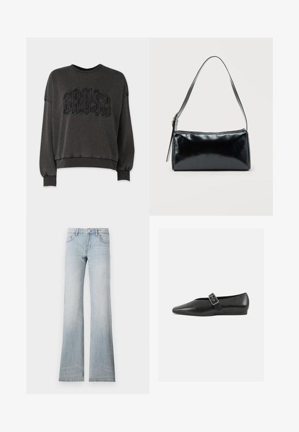 Mørkegrå sweatshirt med en cropped design, der har en hævet sort "CRUSH" grafik på forsiden, ribbede manchetter og halsudskæring.; Lyseblå denim flared jeans med en slidt finish, fem lommer og knaplukning. Stoffet har en glat tekstur og let stræk.; Sorte læder flade sko med spidse tæer, prydet med en metallisk spænde over vristen og en lav, fleksibel sål.; Sort rektangulær skuldertaske med en enkelt justerbar rem og lynlås i toppen på en ensfarvet baggrund.