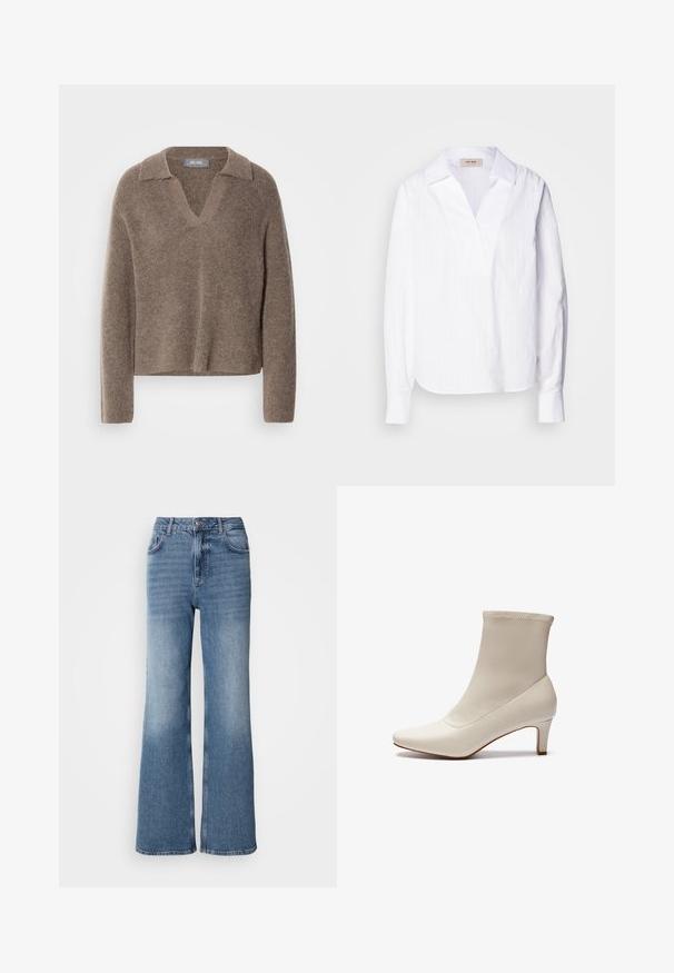 Bruine gezellige trui met een V-hals en kraag, met lange mouwen en een zachte, gestructureerde breiwijze. Casual en ontspannen fit.; Witte langemouwenshirt van lichtgewicht textuurstof, met een V-halslijn, een oversized kraag en subtiele verticale strepen.; Mos Mosh MAI - Straight leg jeans - blue wash; Witte enkelboot gemaakt van glad leer met een spitse neus en een korte, taps toelopende hak. Beschikt over een minimalistisch ontwerp en een naadloos bovenwerk.