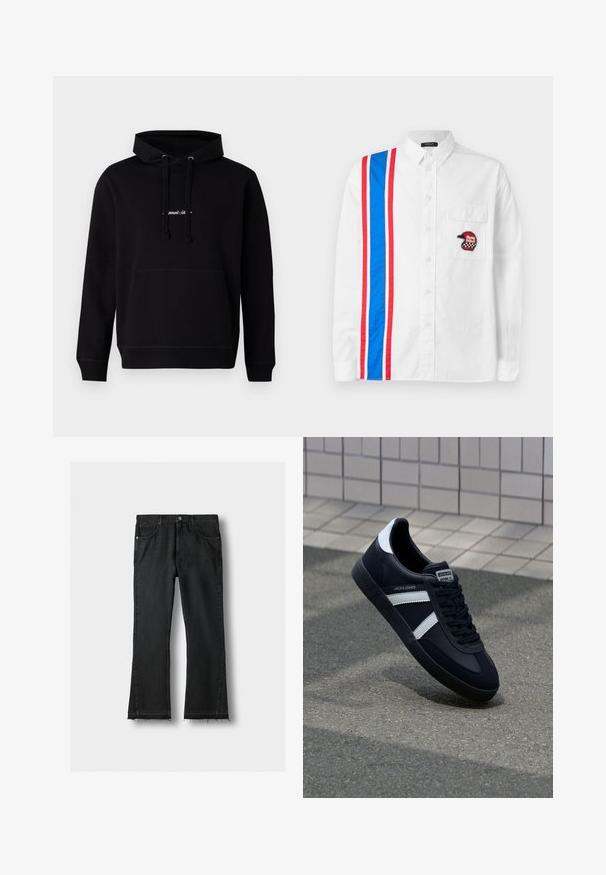 Sort hoodie lavet af bomuld med en frontlomme, hætte med snoretræk og et lille broderet logo på brystet. Klassisk pasform med ribbede manchetter.; Hvid skjorte med knapper, der har et blåt og rødt stribedesign på den ene side og et sort broderet hjelm-patch på brystlommen.; Sorte denimjeans med lige ben, forlommer og rå, frynset kant, lagt fladt på en lys baggrund.; Sort lædersneaker med hvide striber, tekstureret gummisål og snørrebånd foran. Har et brandet mærke på tungen.