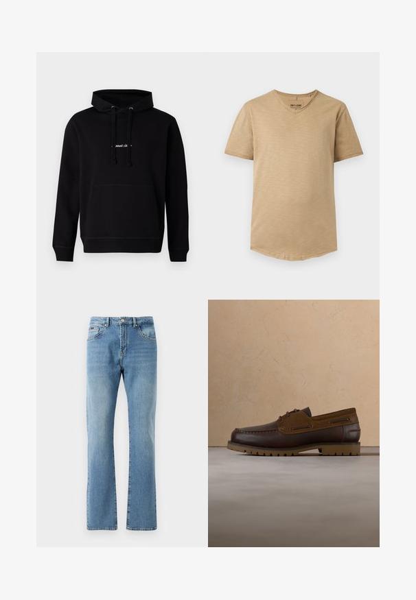 Sudadera negra de algodón con un bolsillo frontal, capucha con cordón y un pequeño logo bordado en el pecho. Corte clásico con puños acanalados.; Camiseta beige para hombre de manga corta y escote en V, con corte ajustado y textura sutil, presentada estirada sobre un fondo blanco.; Jeans de mezclilla de color azul claro con un corte recto, cinco bolsillos y un desgaste sutil. Presentan una cintura clásica y dobladillo recto en los tobillos.; Zapato casual marrón de cuero y ante con cordones y suela resistente, posicionado en el aire sobre suelo alfombrado beige y fondo de sofá.
