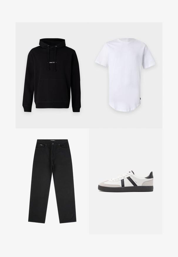 Zwarte hoodie van katoen met een voorzak, trekkoord capuchon en een klein geborduurd logo op de borst. Klassieke pasvorm met geribde boorden.; Witte katoenen t-shirt met korte mouwen. Rond de hals ontwerp met een gebogen zoom. Label zichtbaar aan de onderste linkerzijde. Gladde textuur.; Zwarte rechtbenige spijkerbroek met vijf zakken, knoopsluiting en riemlussen, maat 32.; Witte sneaker met zwarte en grijze accenten, voorzien van een grijze neus met textuur, zwarte rubberen zool en platte witte veters. Schoon ontwerp, minimalistische stijl.