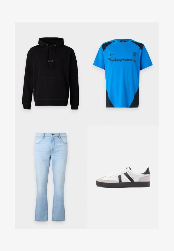 Must musta, millel on ees tasku, nööriga kapuuts ja rindkerel väike tikand. Klassikaline lõige ribidega varrukatega.; Replay SHORT SLEEVE GRAPHIC - Trükipildiga T-särk - azzurro; Heledad sinine liassega teksapüksid, millel on viis taskut, nööp ja tõmblukk, ning kontrastõmblused. Omab kergelt kulunud pesu.; Valged tossud mustade ja hallide aktsentidega, tekstureeritud halli varbakattega, musta kummitald ja lamedad valged paelad. Puhtad jooned, minimalistlik stiil.