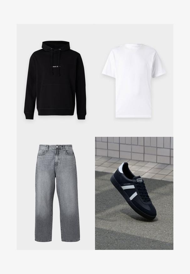Sort hoodie lavet af bomuld med en frontlomme, hætte med snoretræk og et lille broderet logo på brystet. Klassisk pasform med ribbede manchetter.; Hvid kortærmet t-shirt lavet af bomuld med rund hals, der har en glat tekstur og et simpelt design uden mønstre eller accenter.; Grå denim bred-benede jeans med høj talje, fem-lomme design og metal lukning. Stof viser let falmning nær kanten.; Sort lædersneaker med hvide striber, tekstureret gummisål og snørrebånd foran. Har et brandet mærke på tungen.