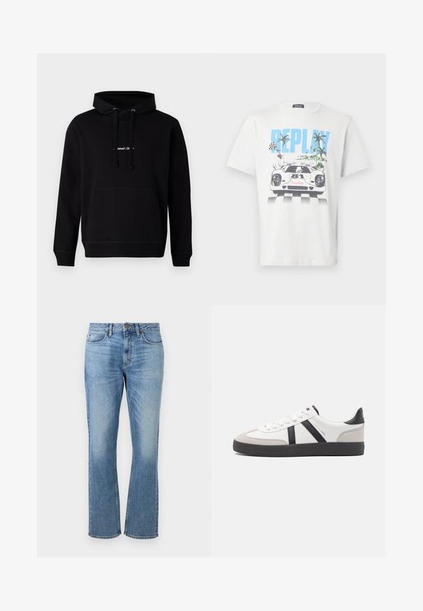 Sort hoodie lavet af bomuld med en frontlomme, hætte med snoretræk og et lille broderet logo på brystet. Klassisk pasform med ribbede manchetter.; Hvid bomulds-T-shirt med et farverigt motiv af en racerbils, palmer og ternede flag, med "REPLAY" tydeligt vist.; Lyseblå denim jeans med et lige ben-design, der har forsænket knaplukning, fem lommer og slidte områder for tekstur.; Hvide sneakers med sorte og grå detaljer, med en tekstureret grå tåhætte, sort gummisål og flade hvide snørebånd. Rent design, minimalistisk stil.