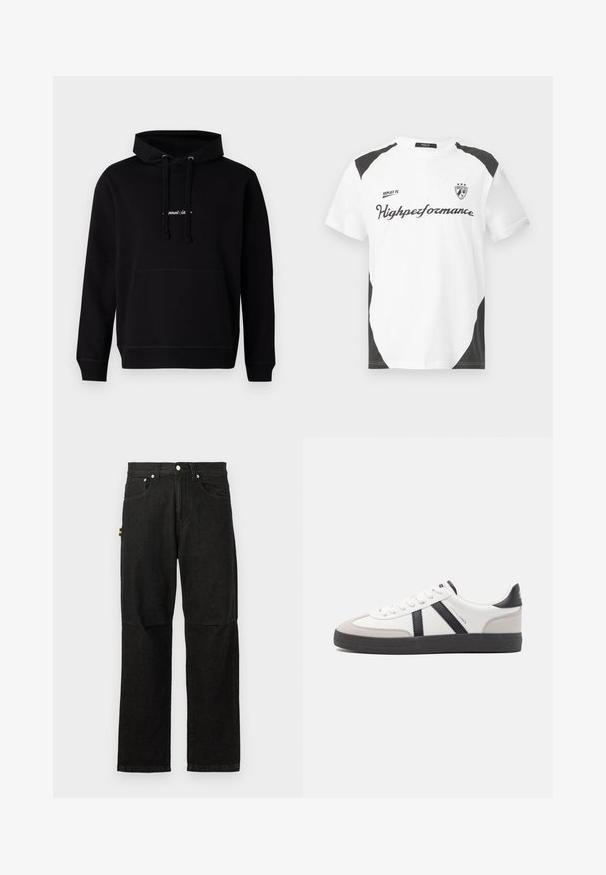 Schwarzer Hoodie aus Baumwolle mit einer Fronttasche, Kapuze mit Kordelzug und einem kleinen gestickten Logo auf der Brust. Klassische Passform mit gerippten Bündchen.; Weißes Kurzarm-T-Shirt mit schwarzen Akzenten. Verfügt über das Logo "REPLAY FC" und den Text "Highperformance" in einer sportlichen Schriftart. Hergestellt aus einem glatten Material.; Schwarze Denim-Hosen mit geradem Bein, ausgestattet mit Fronttaschen, einem Knopfverschluss und minimalistischer Hardware für einen klaren Look.; Weiße Sneaker mit schwarz- und grau-aczenten, ausgestattet mit einer strukturierten grauen Zehenkappe, schwarzer Gummi-Sohle und flachen weißen Schnürsenkeln. Sauberes Design, minimalistische Stil.