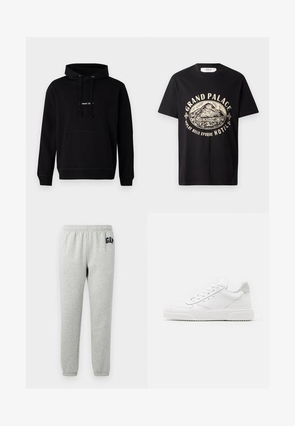 Zwarte hoodie van katoen met een voorzak, trekkoord capuchon en een klein geborduurd logo op de borst. Klassieke pasvorm met geribde boorden.; Zwart katoenen t-shirt met een beige grafische print van een berg en de tekst "Grand Palace Replay Belle Epoque Hotel." Eenvoudig ontwerp met ronde hals.; Grijze sweats met een elastische tailleband, cuffed enkels, en een marineblauwe "GAP" logo op de linker boven dij. Zachte, katoenen stofmix.; Witte leren sneakers met een gladde afwerking, ronde neus, platte veters en een gestructureerde zool. Grijze suède accent bij de hiel.