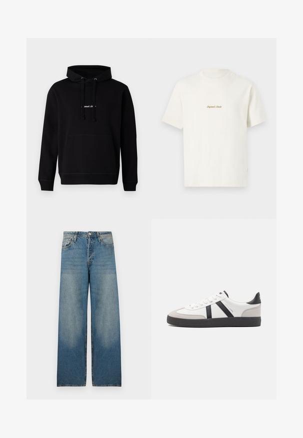Sort hoodie lavet af bomuld med en frontlomme, hætte med snoretræk og et lille broderet logo på brystet. Klassisk pasform med ribbede manchetter.; Cremefarvet bomulds T-shirt med korte ærmer, rund hals og broderet "Original Studio" logo i guld på brystet. Blød tekstur.; Lyseblå bredbenede jeans i denimstof med høj talje, fem-lomme design og slidte områder for et vintage look.; Hvide sneakers med sorte og grå detaljer, med en tekstureret grå tåhætte, sort gummisål og flade hvide snørebånd. Rent design, minimalistisk stil.