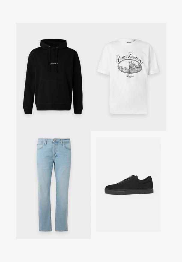 Schwarzer Hoodie aus Baumwolle mit einer Fronttasche, Kapuze mit Kordelzug und einem kleinen gestickten Logo auf der Brust. Klassische Passform mit gerippten Bündchen.; Weißes Baumwoll-T-Shirt mit einem schwarzen illustrativen Druck einer Pariser Stadtszene und dem Text "Paris Lovers inc." sowie "Bonheur EST.1992."; Hellblaue Jeans aus Denim mit geradem Schnitt, fünf Taschen und einem Knopfverschluss an der Taille, flach auf einem weißen Hintergrund ausgelegt.; Schwarzer Low-Top-Sneaker mit Schnürung vorne und flacher Gummisohle, seitlich auf weißem Hintergrund dargestellt.