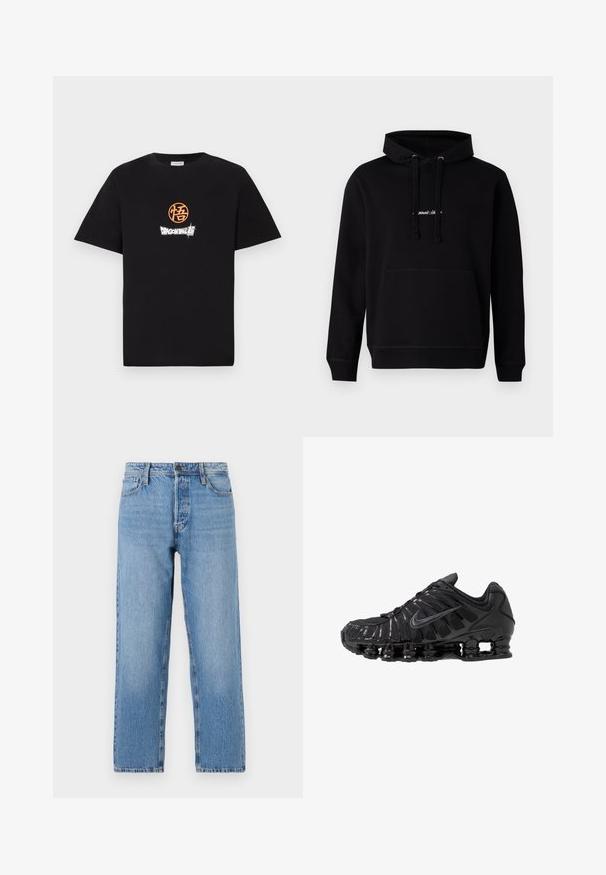 Schwarzer Hoodie aus Baumwolle mit einer Fronttasche, Kapuze mit Kordelzug und einem kleinen gestickten Logo auf der Brust. Klassische Passform mit gerippten Bündchen.; Schwarzes Baumwoll-T-Shirt mit einem orangen runden Logo und weißem "Dragon Ball"-Textdruck auf der Vorderseite. Klassisches Rundhalsdesign.; Hellblaue Jeans aus Denim mit geradem Bein, ausgestattet mit einem Knopf- und Reißverschluss, fünf Taschen und dezentem Ausbleichen.; Schwarze Sportschuhe aus Mesh- und synthetischen Materialien mit einem markanten wellenförmigen Design, schwarzer Gummisohle und reflektierenden Akzenten.