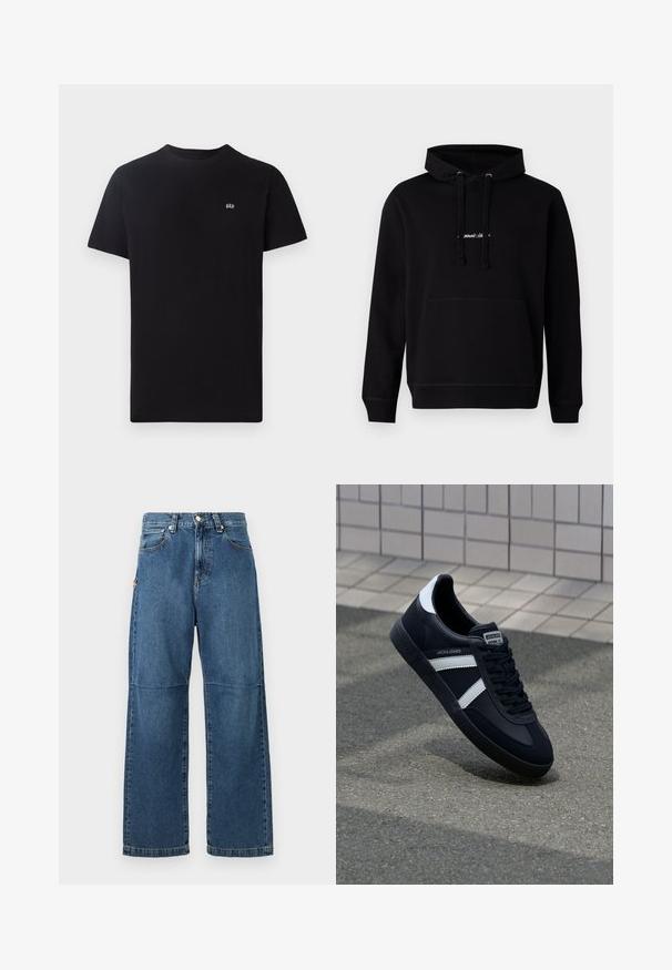 Haut à capuche noir en coton avec une poche avant, cordon de serrage à la capuche et un petit logo brodé sur la poitrine. Coupe classique avec des poignets côtelés.; T-shirt en coton noir avec un col rond classique, des manches courtes et un petit logo blanc brodé sur la poitrine gauche.; Jeans en denim bleu avec une coupe relaxée, des jambes droites, des coutures visibles et une fermeture à bouton à l'avant. Comprend une poche latérale avec un accent.; Sneaker en cuir noir avec des rayures blanches, semelle en caoutchouc texturée et devant à lacets. Présente une étiquette de marque sur la languette.