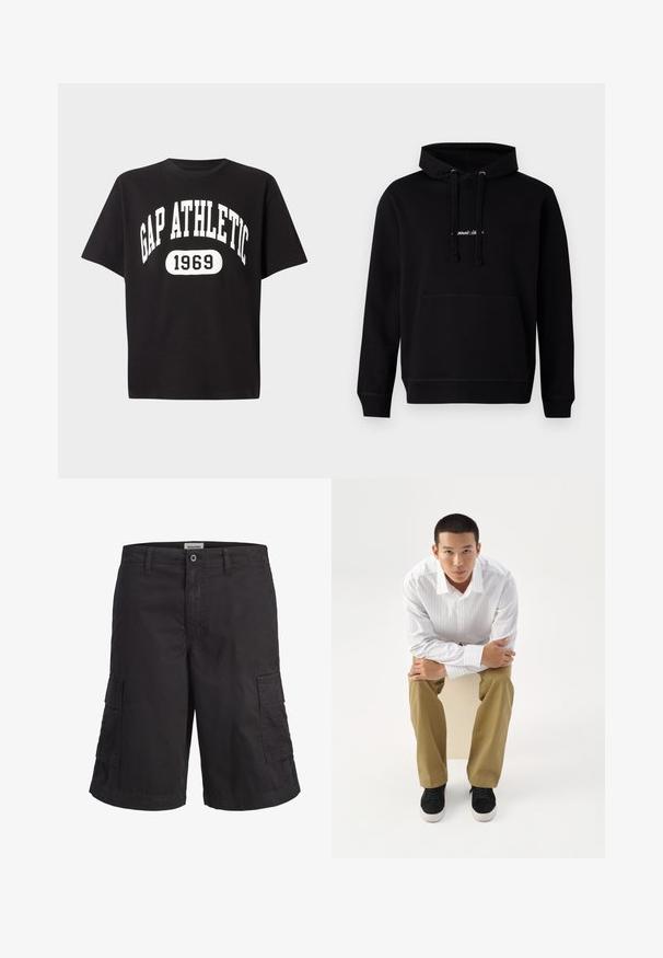 Haut à capuche noir en coton avec une poche avant, cordon de serrage à la capuche et un petit logo brodé sur la poitrine. Coupe classique avec des poignets côtelés.; T-shirt noir à manches courtes avec texte blanc "GAP ATHLETIC" en arc au-dessus d'un ovale contenant "1969" à l'avant.; Short cargo noir avec passants de ceinture, fermeture à bouton et zip, et deux grandes poches latérales, présenté sur un fond blanc.; Jeune homme en chemise blanche rayée et pantalon kaki assis penché en avant sur un tabouret, bras croisés, regardant droit devant sur un fond blanc.