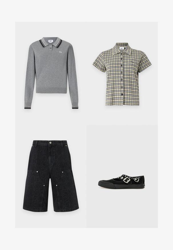 Suéter de polo de manga larga gris con cuello y puños a rayas en blanco y negro, dos botones y pequeño logo de "obey" en el pecho.; Camisa de manga corta con botones, con patrón de cuadros en amarillo, negro y blanco y cuello, mostrada sobre un fondo liso.; Pantalones cortos de mezclilla negra hasta la rodilla con sutil estampado de leopardo, botón delantero, cierre de cremallera y detalles de remaches plateados en los grandes bolsillos delanteros.; Vans MARY JANE - Bailarinas - black