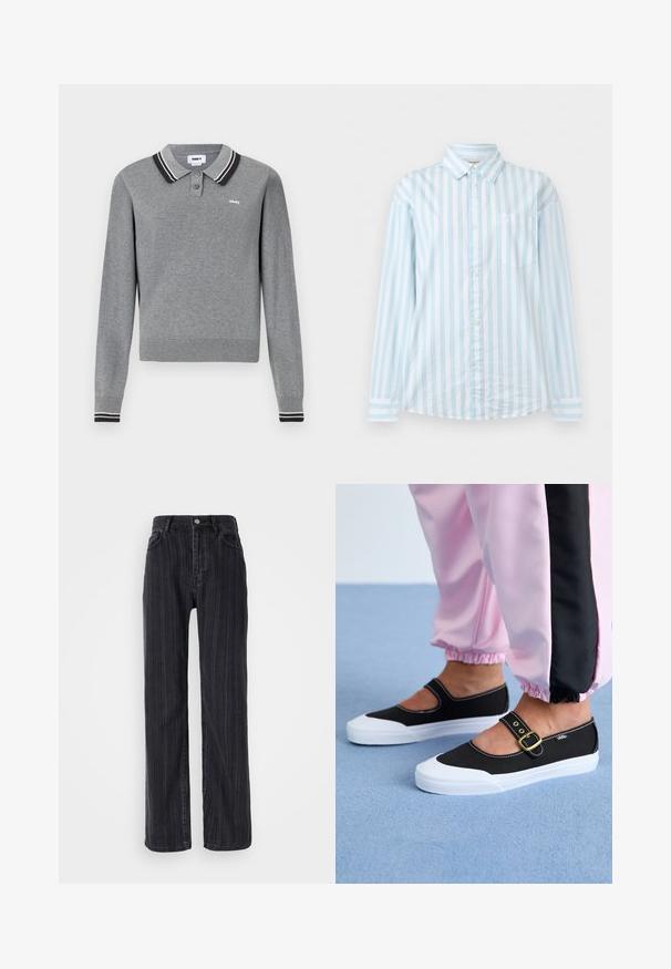 Grå langærmet polo sweater med sort og hvidstribet krave og manchetter, to knapper og lille "obey" logo på brystet.; Lyseblå og hvide vertikalt stribede skjorte med lange ærmer, knapper foran, brystlomme og klassisk krave.; Højtaljede sorte denimjeans med lodrette striber, lige ben og metalknaplukning fortil.; Sorte lærredssko med en hvid sål, der har et udskæringsdesign og et guldspænde. Bæret med lyserøde træningsbukser.