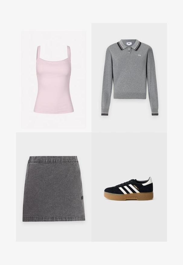 Polo gris à manches longues avec col et poignets rayés noir et blanc, deux boutons et petit logo "obey" sur la poitrine.; Débardeur rose clair côtelé avec de fines bretelles, présentant une coupe ajustée et une texture lisse, adapté pour le superposition ou une tenue décontractée.; Mini-jupe en denim gris foncé à coupe droite, taille élastique et détails de coutures discrètes sur fond uni.; Baskets en daim noir avec trois bandes blanches et logo doré. Semelle en gomme avec adhérence texturée. Design classique à tige basse, bout arrondi.