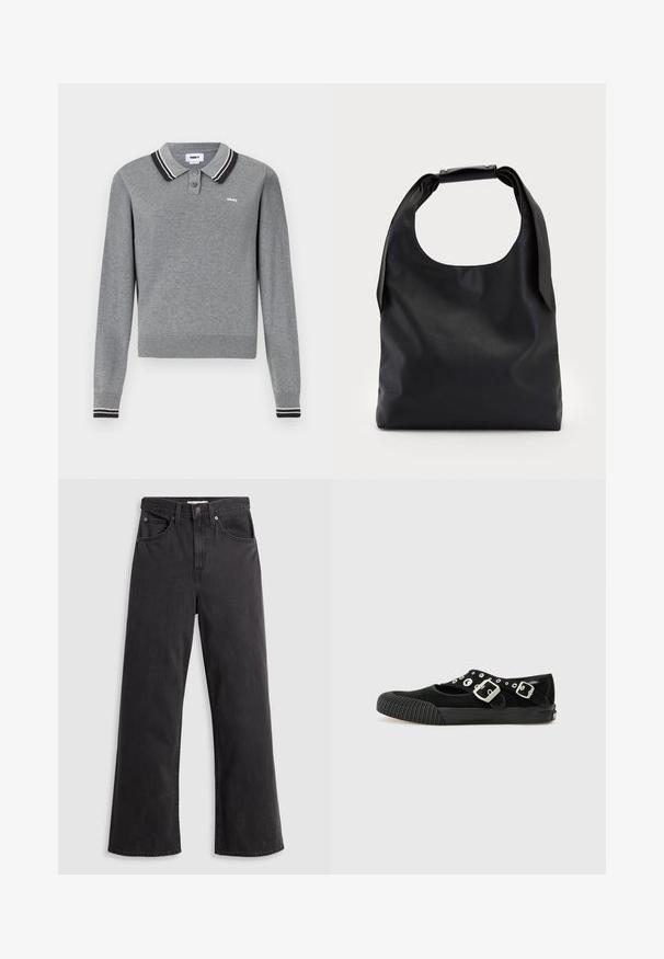 Polo gris à manches longues avec col et poignets rayés noir et blanc, deux boutons et petit logo "obey" sur la poitrine.; Jeans larges en denim noir à taille haute, avec cinq poches et une fermeture à bouton en métal. Le tissu a une texture lisse et légèrement décolorée.; Vans MARY JANE - Ballerines - black; Sac à main en cuir noir avec une grande ouverture sur le dessus et une seule bandoulière. Texture douce, design minimaliste, avec des accents métalliques discrets.