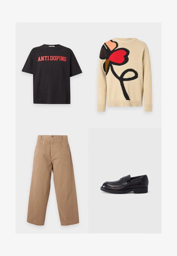 Pull beige en tricot avec un grand motif floral en rouge, rose et noir. Il présente un col rond ainsi que des poignets et un ourlet côtelés.; T-shirt noir à manches courtes avec le texte rouge "ANTI DOPING" imprimé sur la poitrine, présenté sur un fond clair uni.; Pantalon beige à jambes larges avec fermeture à boutons et zip à l'avant, deux poches avant, et coutures visibles sur fond blanc.; Mocassin en cuir noir avec petit talon et bride sur le dessus, logo embossé sur la bride, présenté de profil sur fond blanc.