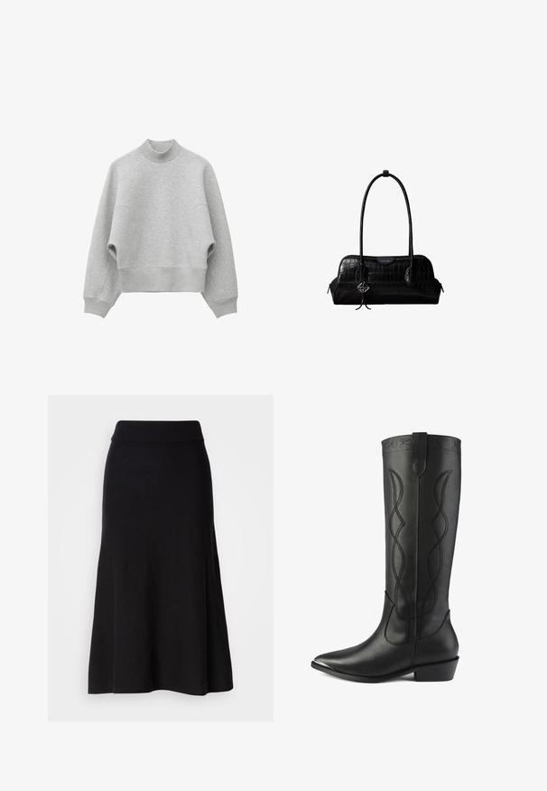 Sweat-shirt gris clair à manches longues avec un col côtelé haut, des poignets côtelés et un large ourlet côtelé, présenté sur un fond blanc.; Jupe évasée en tricot noir avec une large taille, longueur midi, texture lisse et sans motifs ni détails métalliques visibles.; Des bottes noires en cuir hautes présentent un bout pointu, un talon carré et des coutures décoratives avec des lignes entrelacées le long de la tige.; Sac à épaule en cuir noir à texture crocodile, avec de longues sangles et un petit charm logo argenté sur une sangle.