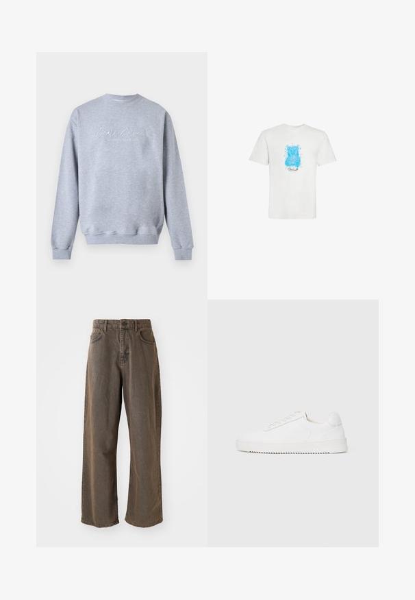 Helehall crewneck-kollektsioon pika varrukaga ja valge käsikirjatüüpi tekstiga "Carlo Colucci" ning väiksema alapealkirjaga "A Legacy Since 1978" ees.; Valge lühikeste varrukatega T-särk, millel on sinine kaisukaru kujundus ja väikene must kursiivtekst allpool karu esiküljel keskosas.; Laiad pruunid teksapüksid, millel on nööbiga kinn closure, vöökohad ja eesmine taskud. Kanga tekstuur on veidi pleekinud.; Valge jooksutoss, millel on siledast nahast ülemine osa, ümmargune nina, paelad, tekstuuriga küljeaktsendid ja paks kummitald. Minimalistlik disain.