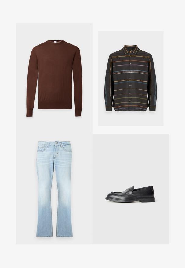 Pull marron à manches longues avec col rond, poignets et ourlet côtelés, présenté sur un fond clair uni.; Chemise noire à manches longues et boutonnée, avec de fines rayures horizontales orange, violette, bleue et vert olive sur le devant et les manches.; Jean évasé bleu clair en denim. Comprend cinq poches, une fermeture à bouton et fermeture éclair, avec un effet délavé vers l'ourlet.; Mocassins en cuir noir avec une finition texturée, dotés d'une bride décorative à l'avant et d'un bout arrondi. Semelle en caoutchouc pour plus de durabilité.
