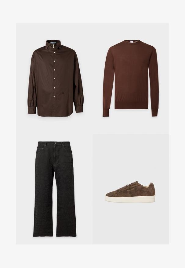 Pull marron à manches longues avec col rond, poignets et ourlet côtelés, présenté sur un fond clair uni.; Chemise longue à manches marron en tissu lisse avec un col classique, fermeture à boutons sur le devant et poignets élastiqués ; présente un détail logo subtil.; Jean noir à coupe droite avec poches avant, fermeture par boutons et motif texturé subtil sur tout le tissu.; Baskets en daim marron avec une silhouette basse, un bout arrondi et une semelle en caoutchouc blanc. Elles présentent des lacets foncés et un logo discret sur le côté.
