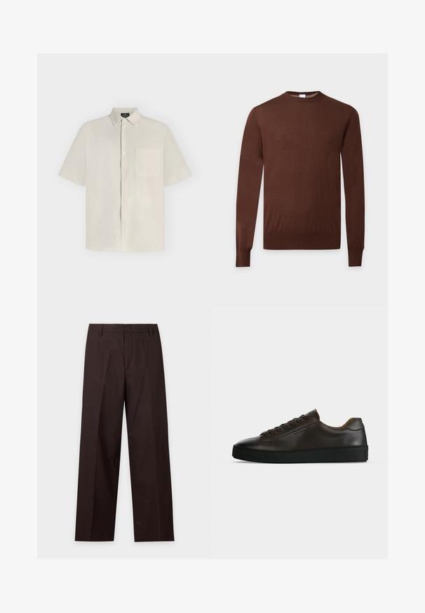 Pull marron à manches longues avec col rond, poignets et ourlet côtelés, présenté sur un fond clair uni.; Chemise beige à manches courtes avec boutons, col et poche poitrine, présentée à plat sur un fond clair.; Pantalon droit marron foncé avec passants de ceinture, fermeture par bouton et pli sur le devant, présenté sur fond blanc.; Baskets basses en cuir marron foncé avec semelle en caoutchouc noire, lacets à l'avant et design minimaliste épuré sur fond clair.