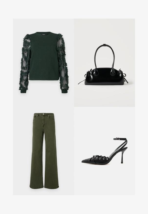 Mørkegrøn langærmet top med solidt stof foran og gennemsigtige ærmer prydet med teksturerede blomsterapplikationer.; Olivengrønne flared jeans lavet af bomuld, med høj talje, fem lomme-design, metalknap og stikninger langs sømmene.; Sort spids hæl med bølgede kanter, metaløjer, snørelukning foran og ankelrem med spænde.; Lille sort blank håndtaske med to lange håndtag og snøre-detaljer i siden på en ensfarvet lys baggrund.