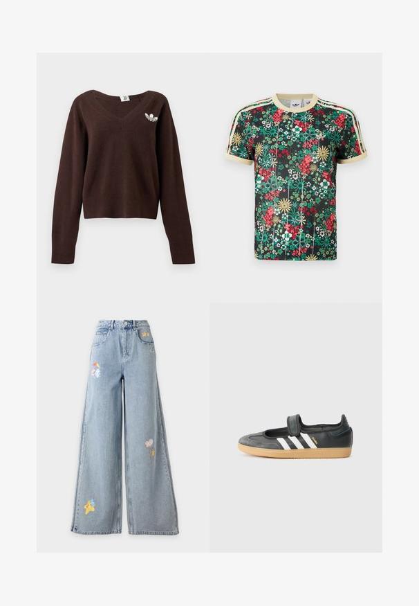 Pulover maro cu mâneci lungi și decolteu în V, cu manșete și tiv rib și un mic logo alb Adidas trefoil pe partea stângă superioară a pieptului.; Tricou negru Adidas cu mâneci scurte, cu model floral colorat, guler bej, manșete bej și trei dungi bej pe umeri.; Blugi largi, cu albastru deschis, cu patch-uri Care Bears, inclusiv stele, baloane în formă de inimă și personaje care țin o umbrelă.; Tenis cu piele neagră și suede, cu o bandă Velcro, având trei dungi albe și o talpă din cauciuc, etichetat „SAMBA” pe lateral.