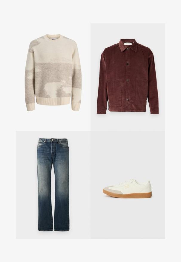 Krem- og lysegrå mønstret uldtrøje med lange ærmer, ribstrikket rund hals, manchetter og kant, mærket Jack & Jones.; Brun fløjljakke med klassisk krave, frontknaplukning, to store lommer og ribbet tekstur.; Mørkeblå vide denimjeans. Har en falmet detalje, traditionelt fem-lomme design og en metal knaplukning i taljen.; Sneaker lavet af hvid læder med en beige tåhætte og let brunt gummisål. Har flade hvide snørebånd og prægede branding på siden.