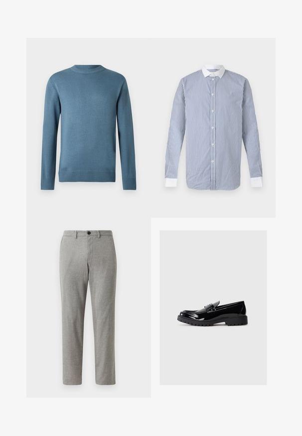 Suéter de punto de manga larga de cuello redondo en color azul, con puños, cuello y dobladillo acanalados, presentado sobre un fondo blanco liso.; Camisa de manga larga con botones, con rayas verticales azules y blancas, cuello blanco y puños blancos sobre un fondo liso.; Pantalones grises de tejido entrelazado con corte recto, con cierre de botón y cinturillas; textura suave y tela ligera para uso casual.; Mocasines de charol negro con punta redondeada, correa decorativa y suela de goma gruesa con profundas ranuras para mayor tracción.