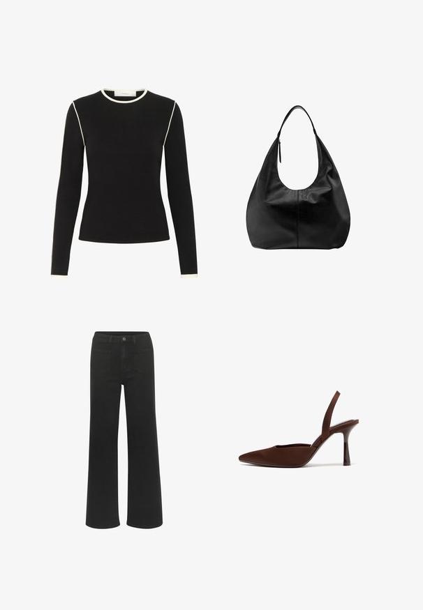 Haut noir à manches longues avec bordure crème, col rond, coupe ajustée, fabriqué en tissu doux et extensible, avec des accents latéraux contrastants.; Jean large noir en denim, avec fermeture à bouton, cinq poches, et une texture lisse d'une couleur uniforme.; Chaussure à talon haut brun à bout pointu avec bride arrière, dotée d'un talon fin et courbé, photographiée sur fond blanc.; Sac à main hobo décontracté en cuir noir avec une seule bandoulière large et un détail de tirette de fermeture éclair sur fond blanc uni.