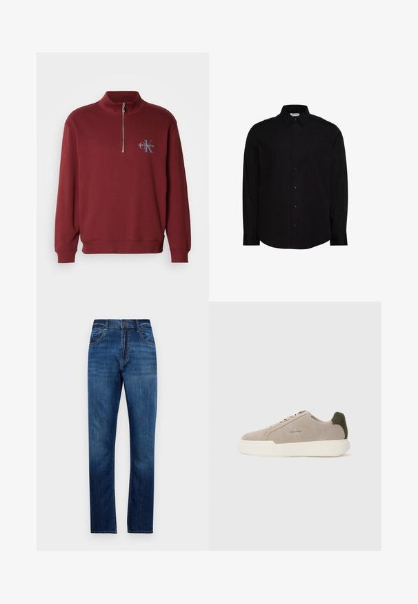 Burgunderfarbener Sweatshirt mit Viertelreißverschluss aus weichem Material, mit langen Ärmeln, gerippten Bündchen und einem Logodetail auf der Brust.; Schwarzes, langärmeliges Hemd aus glattem Stoff mit Knöpfen. Verfügt über einen klassischen Kragen, eine vordere Knopfleiste und ein kleines Logo auf der Brust.; Blaue gerade geschnittene Denim-Jeans mit fünf Taschen, Gürtelschlaufen und Knopfverschluss, präsentiert vor einem schlichten weißen Hintergrund.; Beige Wildledersneaker mit einer weißen Gummisohle, die einen dunkelgrünen Akzent an der Ferse und dezente Markenaufschrift an der Seite aufweisen.