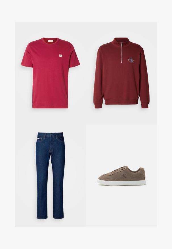 Sudadera burdeos con cremallera de cuarto hecha de tela suave, con mangas largas, puños acanalados y un detalle de logo en el pecho.; Camiseta de algodón roja con cuello redondo y mangas cortas. Presenta un pequeño parche de logo blanco en el lado izquierdo del pecho. Textura suave.; Jeans de denim azul oscuro con un diseño de pierna recta, que cuentan con una cremallera y cierre de botón, cinco bolsillos y detalles de costura sutiles.; Zapatilla baja de ante color topo con cordones beige, suela de goma blanca y sutil logotipo "cK" en el lateral.