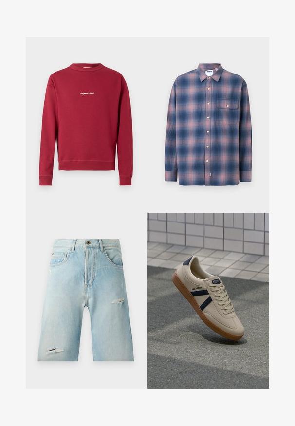Sweatshirt bordeaux en mélange de coton avec un col rond, des poignets et un ourlet côtelés. Présente un texte brodé blanc "Original Studio" sur le devant.; Chemise à manches longues en tartan bleu et rose, fabriquée en tissu doux. Présente un col à boutons, une poche à l'avant et des boutons blancs.; Shorts en denim bleu clair avec une coupe décontractée, présentant des accents déchirés, des poches latérales et une fermeture à un bouton par-dessus.; Baskets beiges avec une finition texturée, bandes navy et semelle en caoutchouc. Équipées d'une languette rembourrée et d'un système de laçage traditionnel pour un maintien sécurisé.