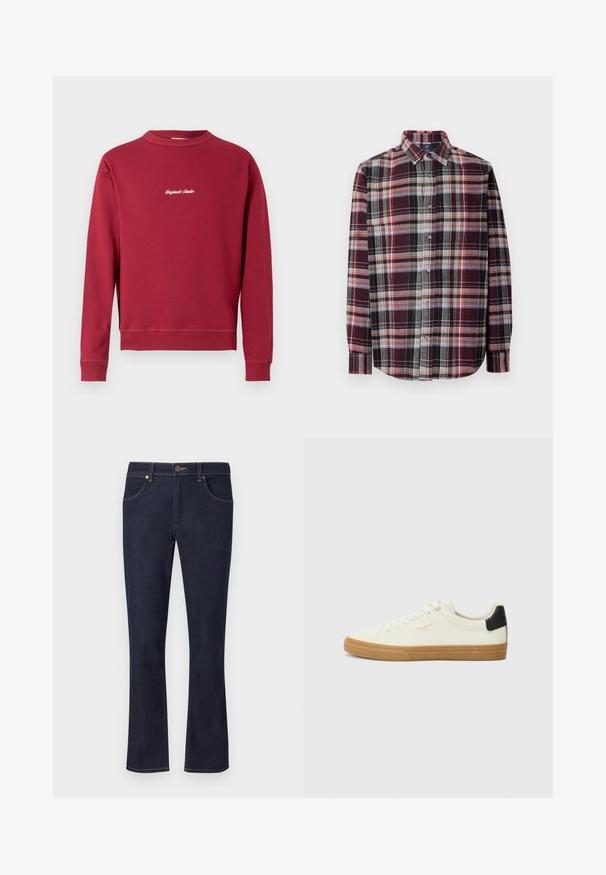 Sweatshirt bordeaux en mélange de coton avec un col rond, des poignets et un ourlet côtelés. Présente un texte brodé blanc "Original Studio" sur le devant.; Chemise à carreaux à col. Caractéristiques de tons bordeaux, gris et crème avec un tissu texturé. Manches longues et détail de poche avant.; Jean en denim bleu foncé avec jambes droites, fermeture à boutons sur le devant, passants de ceinture et poches avant sur un fond clair uni.; Sneaker en toile blanche avec une semelle en gomme, accent au talon noir, bout rond et design à lacets. Présente le logo de la marque en doré sur le côté.