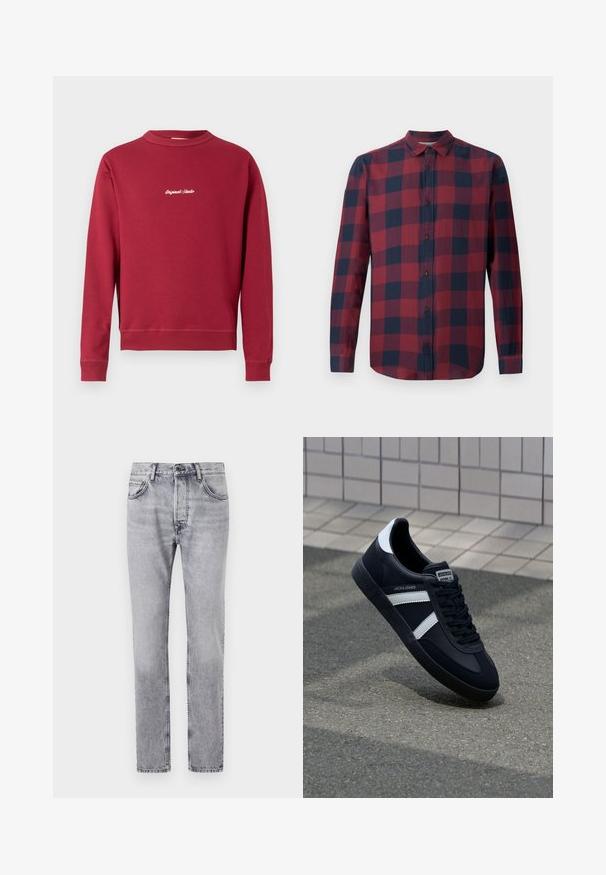 Bordeaux sweatshirt lavet af en bomuldsblanding med rund hals, ribbede manschetter og nederste kant. Har hvidt broderet tekst "Original Studio" på forsiden.; Rød og marineblå plaid langærmet skjorte med nedfoldet krave og mørke knapper. Lavet af letvægtsstof med en glat tekstur.; Grå denimjeans har en lige pasform, fem lommer og diskrete falmede detaljer. Metalknap og lynlås lukning foran.; Sort lædersneaker med hvide striber, tekstureret gummisål og snørrebånd foran. Har et brandet mærke på tungen.
