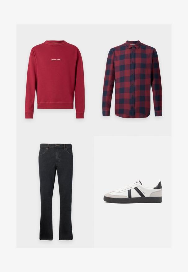 Burgunderfarbener Sweatshirt aus Baumwollmischung mit Rundhalsausschnitt, gerippten Bündchen und Saum. Auf der Vorderseite befindet sich der weiße gestickte Text "Original Studio".; Rot-kariertes Langarmhemd in Marineblau mit Button-Down-Kragen und dunklen Knöpfen. Hergestellt aus leichtem Stoff mit glatter Textur.; Dunkelblaue Jeans aus Denim mit geradem Schnitt, ausgestattet mit fünf Taschen, kontrastierendem Nähen und leichtem Schlag am Saum.; Weiße Sneaker mit schwarz- und grau-aczenten, ausgestattet mit einer strukturierten grauen Zehenkappe, schwarzer Gummi-Sohle und flachen weißen Schnürsenkeln. Sauberes Design, minimalistische Stil.